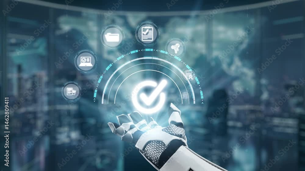 Poster a futuristic robotic hand displays digital checkmarks in a high-tech environment, symbolizing the ad