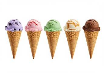 A row of five ice cream cones with different flavors on a white background in a studio shot style