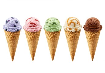 A row of five waffle cones each filled with a different flavor of ice cream on a white background