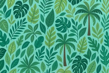 Tropical leaf patterns on a green background.
