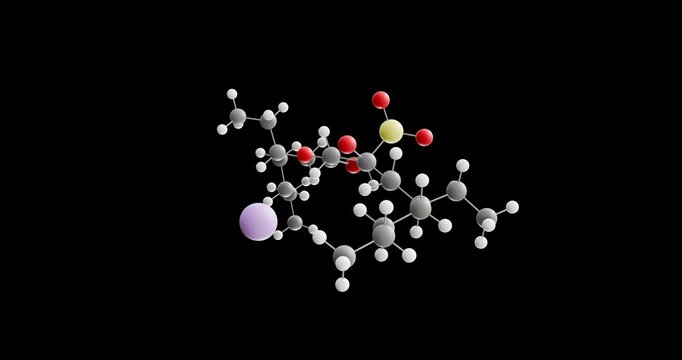 Docusate sodium molecule, rotating 3D model of organic sodium salt, looped video on a black background