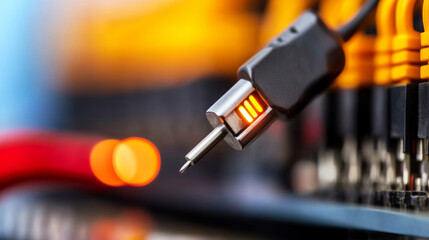 Close up view of an LED probe glowing brightly, indicating a live phase on a socket, surrounded by a softly blurred background and warm lighting