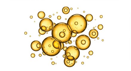 A cluster of golden yellow oil bubbles with smaller bubbles inside on a clean white background
