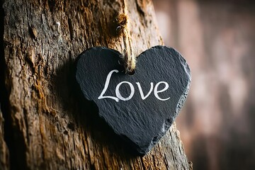 A heart-shaped black slate with the word "Love" written on it, hanging from a string against an