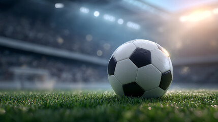 Obraz premium Professional soccer ball resting on artificial grass in stadium, illuminated by soft lighting, evokes excitement and anticipation for game ahead