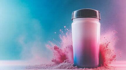 Protein shaker bottle stands prominently against vibrant background, surrounded by colorful powder explosion. dynamic colors evoke energy and vitality, perfect for fitness enthusiasts