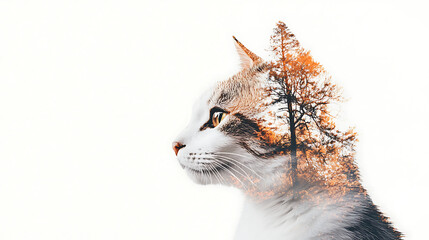 Beautiful double exposure effect showcases cat silhouette filled with vibrant autumn trees, creating stunning blend of nature and animal. This artistic representation evokes sense of tranquility