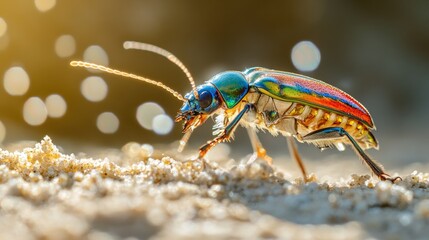 Fototapeta premium Jewel beetle walking on sand, sunlit background