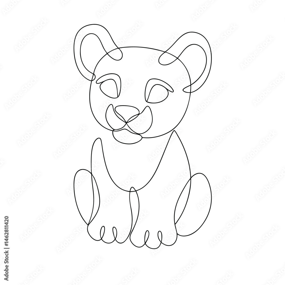 Poster adorable sitting lion cub illustrated in a minimalist style using a single continuous line drawing w
