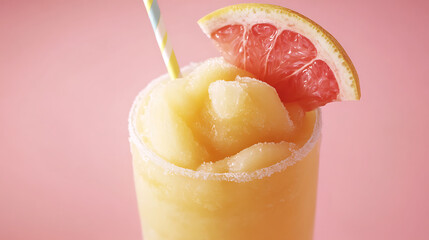 Refreshing frozen lemonade slush with smooth texture, topped with slice of citrus fruit and colorful straw, perfect for hot day. Enjoy sweet and tangy flavors
