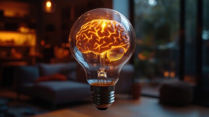Illuminated brain bulb in a cozy home