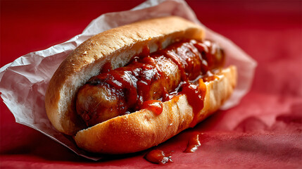 Delicious sausage sandwich featuring juicy bratwurst nestled in soft bun, generously topped with rich, tangy sauce. This mouthwatering dish is perfect for satisfying meal