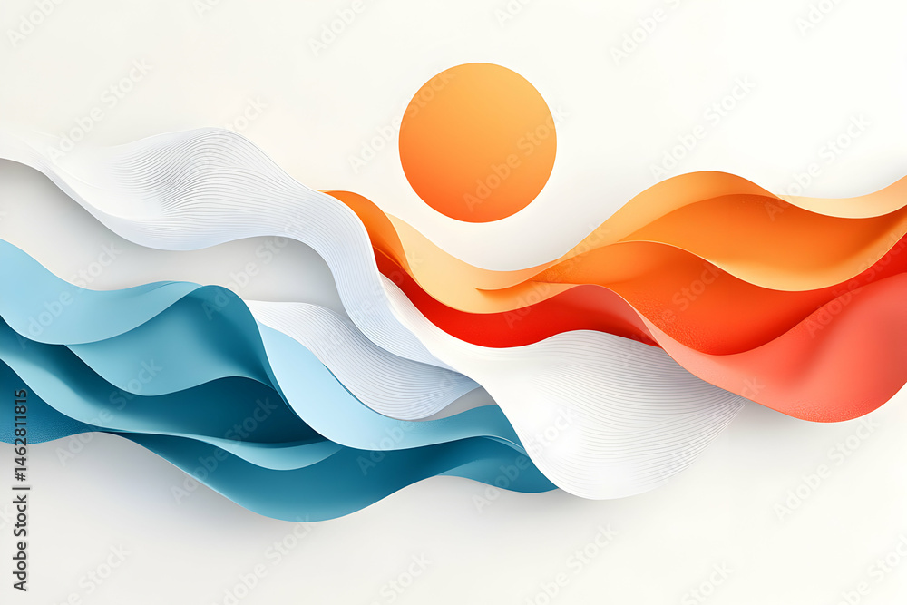 Aufkleber abstract artwork depicts waves sun and fluid forms. use it for website backgrounds or modern design 