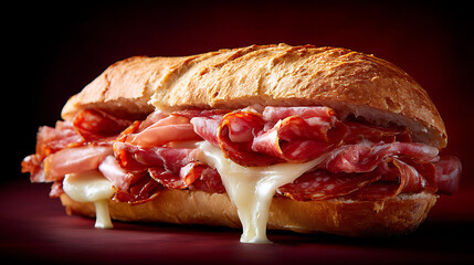 Gourmet Italian sub filled with spicy cured meats, including soppressata and melted cheese, showcasing deliciously overflowing presentation. This mouthwatering sandwich is perfect for food lovers