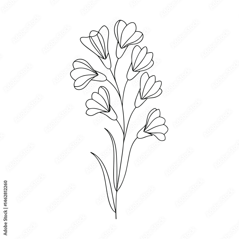 Poster elegant line art of a blooming flower stem displaying a delicate and simple design against a white b