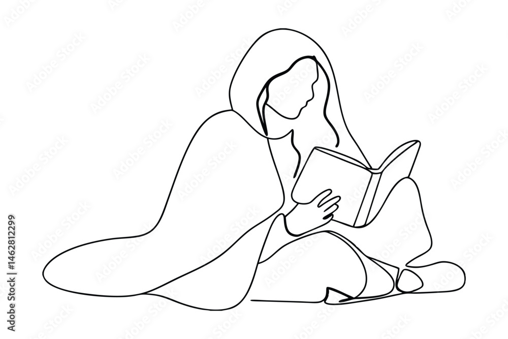 Poster simple continuous line drawing illustrating a person immersed in reading a book while relaxing with 