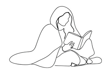Simple continuous line drawing illustrating a person immersed in reading a book while relaxing with a hooded blanket