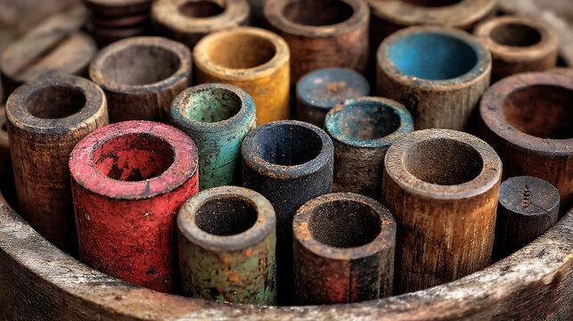Vintage wooden tools arranged in circular container, showcasing variety of colors and textures. worn surfaces and unique shapes evoke sense of craftsmanship and nostalgia
