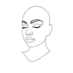 Minimalist continuous line drawing of a serene female face with eyes closed and a bald head in a simple linear style