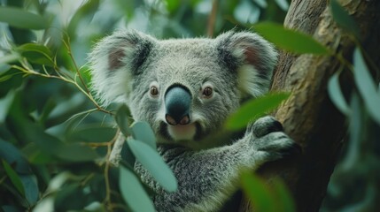 Fototapeta premium Koala on eucalyptus tree, Australian wildlife, lush foliage