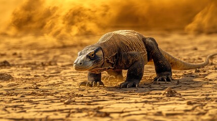 Komodo dragon walking on dry land, dust swirling. Wildlife photography for travel brochures
