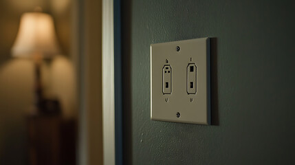 Double Light Switch on a Wall with a Lamp in the Background