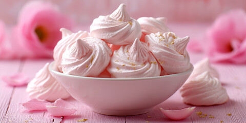 Delicious homemade meringue cookies in bowl on pink background, closeup