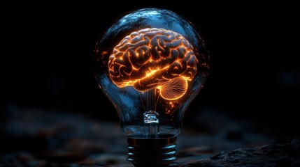 Illuminated brain inside a lightbulb, symbolizing creativity and intellect.  