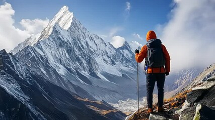 Hiker contemplating majestic mountain landscape, conquering peaks and finding serenity