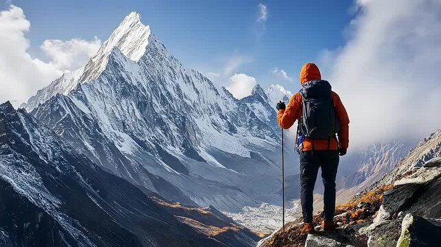 Hiker contemplating majestic mountain landscape, conquering peaks and finding serenity