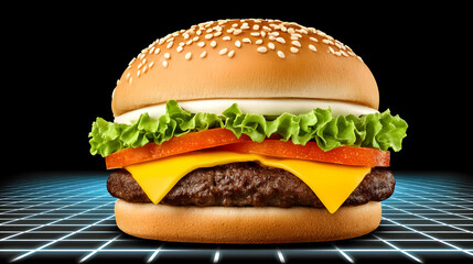 burger in a digital cyberspace setting with pulsating lights
