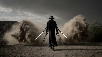 android gunslinger with glowing spurs and dust storm cloak