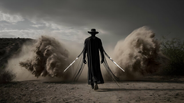 android gunslinger with glowing spurs and dust storm cloak