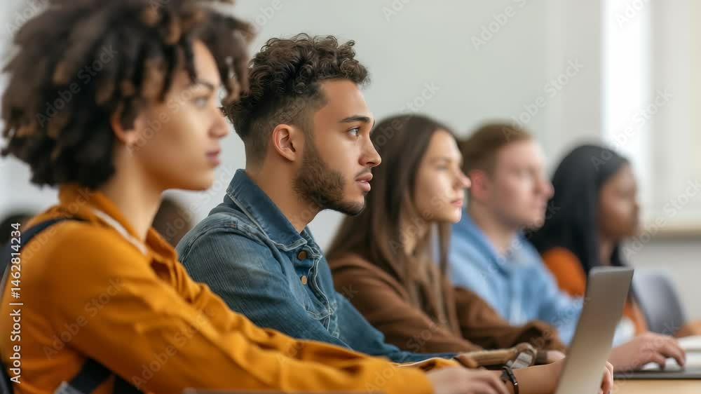 Aufkleber A row of diverse students is pictured in a classroom attentively listening. They are focusing on a lecture or presentation and using a laptop for note-taking. Focus on higher education and engagement.