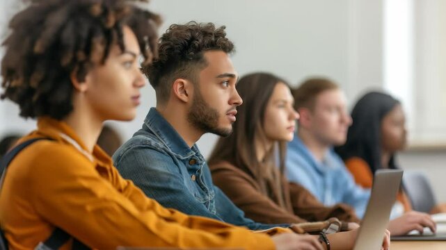 A row of diverse students is pictured in a classroom attentively listening. They are focusing on a lecture or presentation and using a laptop for note-taking. Focus on higher education and engagement.