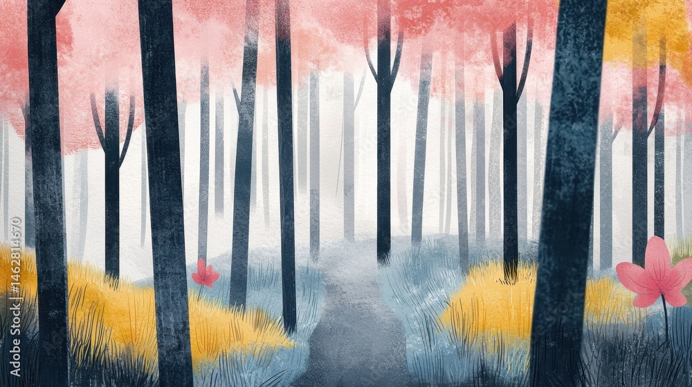 Poster a forest scene with a path and trees
