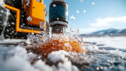 A detailed shot shows liquid gushing from a metal nozzle. The surrounding water and ice are crystal clear. It suggests geothermal technology or exploration applications.