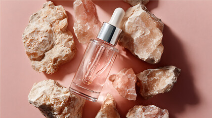 Premium facial serum bottle is elegantly placed among natural crystal rocks, creating serene and luxurious atmosphere. soft pink background enhances beauty of product, evoking sense of calm