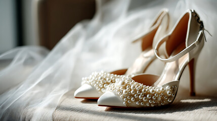 Elegant wedding shoes adorned with pearls, featuring stylish ankle strap and pointed toe design, resting on soft surface beside delicate veil. overall aesthetic is romantic and sophisticated
