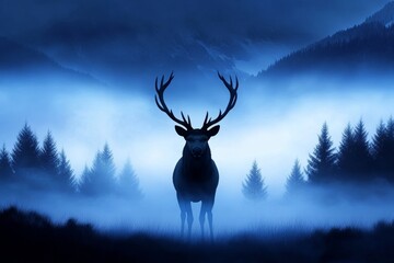 Majestic Stag in Misty Mountains - A lone stag stands proudly in a misty mountain forest at twilight. The scene is serene and atmospheric