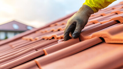 Construction worker installing red clay roof tiles on a pitched roof, working on a new residential building project