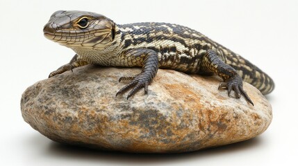 Obraz premium Lizard on rock, white background, studio shot, reptile pet