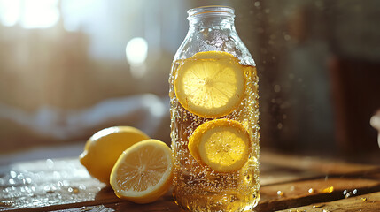 Refreshing lemon soda in vintage glass bottle, showcasing condensation and vibrant lemon slices. sunlight enhances drink appeal, creating warm and inviting atmosphere
