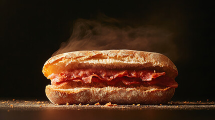 Delicious sausage sandwich is presented in backlit style, showcasing warm, steaming meat nestled between fresh bun. inviting aroma and texture create appetizing visual experience