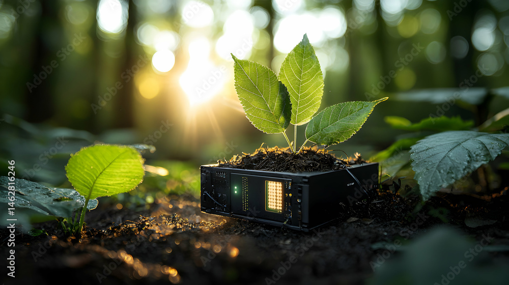 Aufkleber an image showcasing technology merging with nature. a plant grows from a device symbolizing sustaina