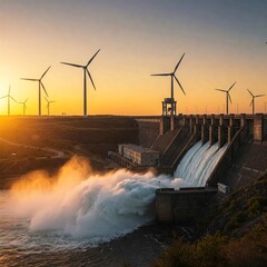 Hydroelectric dam and wind turbines generating renewable energy at sunset