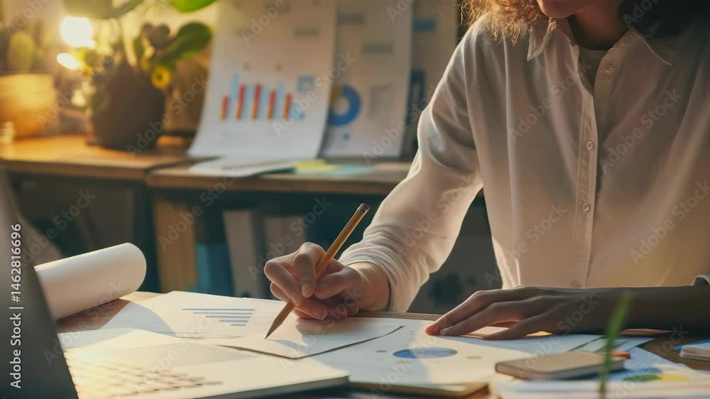 Poster a woman is analyzing charts and data at her desk. a pencil is in her hand. documents and reports on 
