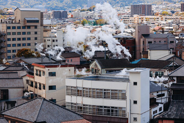 Beppu, Japan, city panorama skyline, Kannawa onsen distict, Oita prefecture, Kyushu island region,, Yukemuri observation deck, rising hot steam from onsen ryokan bath houses, Beppu resort hot springs