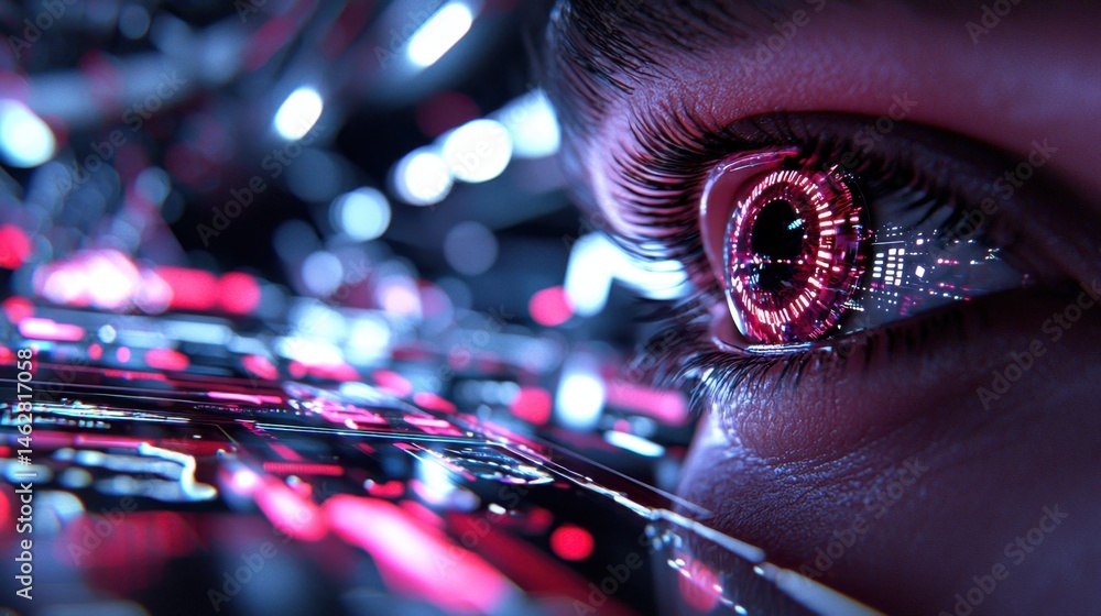 Poster the eye is surrounded by a blurry background of colorful lights and patterns