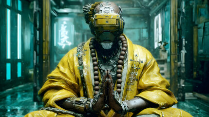 with energy beads meditating in a neon temple